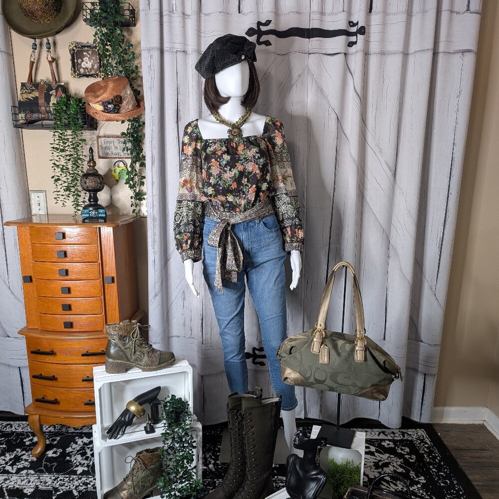 Alice & Olivia Omega Paisley Crop Blouson Blouse with Sash LARGE P/O